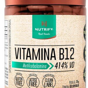 81rsZlEN51L._AC_SL1500_.jpg Nutrify - Vitamina B12 - Metilcobalamina 414% VD - Multivitamínico - Suplemento Alimentar para o Metabolismo Energético - Vegano e Livre de Aditivos Artificiais - 60 Cápsulas