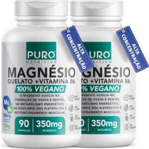 81UDwbJRGaL._AC_SL1500_.jpg Kit 2 Magnésio Puro Nutrition, Quelato, Bisglicinato + Vitamina B6, 350mg Magnésio por Porção, 90 Cápsulas por Pote, Suplemento Vegano-radardasaude