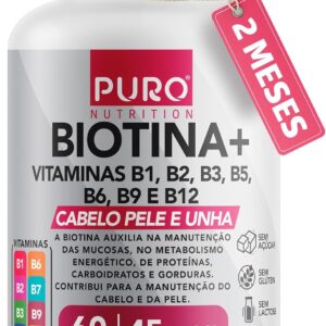 Biotina + Puro Nutrition Pele, Cabelo e Unhas, 45 mcg de Biotina por dose, Vitaminas B1, B2, B3, B5, B6, B9 e B12, 60 Cápsulas