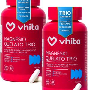 71dKM2jQlL._AC_SL1500_.jpg Magnésio Quelato Trio, Dimalato, Bisglicinato e Taurato com Vitamina B6 350mg Vhita 60 Cápsulas (2 unidades)-radardasaude