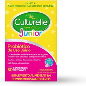 71i-P44DNoL._AC_SL1500_.jpg Culturelle Probiótico Júnior, Com Lactobacilos, Sem Glúten, Sem Lactose, Para Crianças a partir de 3 anos, Sabor Frutas Vermelhas, 30 Comprimidos Mastigáveis