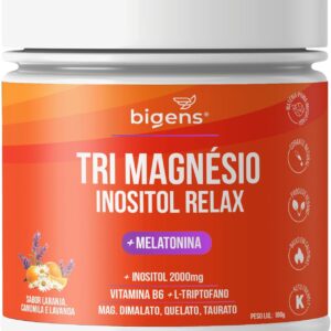 Tri Magnésio (dimalato, quelato, taurato) Inositol Relax, Melatonina, Triptofano, B6, Sabor Laranja Camomila e Lavanda, Bigens,180g (Unidade)-radardasaude