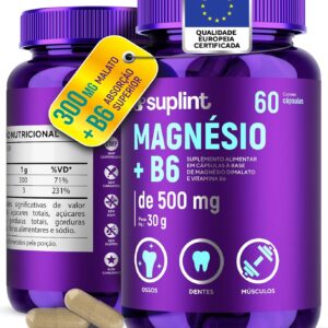 Dimalato de Magnésio 500 MG e Vitamina B6 | Suporte Muscular, Nervoso e Metabólico | Suplemento Vitaminico de Alívio de Estresse | Sem Glúten, Não Transgênico | Desenvolvido na Holanda | 60 Cápsulas