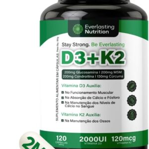 Vitamina D3+K2 Premium com Glucosamina Condroitina MSM Curcumina Colágeno II – 120 Cápsulas – Everlasting Nutrition