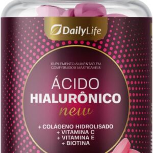 Acido Hialuronico 100mg + Colageno Hidrolisado + Vitaminas C E Biotina Mastigavel Sabor Framboesa 60 Comprimidos - Daily Life-radardasaude