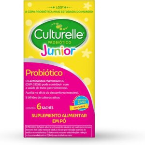 61Q3f7CigvL._AC_SL1500_.jpg Culturelle Probiótico Júnior, Com Lactobacilos, Sem Glúten, Sem Lactose, Para Bebês, Crianças e Adolescentes a partir de 1 ano, Sem Sabor, 6 Sachês