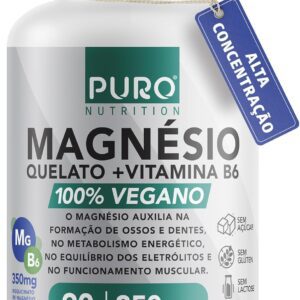 Magnésio Puro Nutrition, Quelato, Bisglicinato + Vitamina B6, 350mg Magnésio por Porção, 90 Cápsulas, Suplemento Vegano