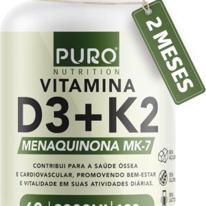 Vitamina D3 + K2 Puro Nutrition 2000 iu D3 com 100mcg de Vitamina K2 MK-7, 60 Cápsulas-radardasaude
