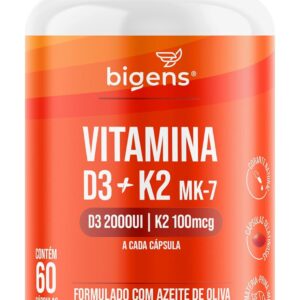 Vitamina D3 2000UI + K2 MK-7 100mcg, Formulado com azeite de oliva, Biogens (60 cápsulas)-radardasaude
