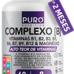 Complexo B Puro Nutrition – Vitaminas B1, B2, B3, B5, B6, B9, B12 e Magnésio, 60 Cápsulas