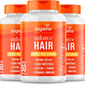 81NtGbBbtyL._AC_SL1500_.jpg Inforce Hair, multivitaminico para cabelo, pele e unhas, Biotina, Ácido pantotênico, Cisteína, Tiamina, Biogens, Kit 3x 60 cápsulas-radardasaude