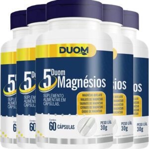 COMBO 5 DUOM 5 MAGNÉSIOS QUELATO MALATO TAURATO CITRATO ÓXIDO 60 CÁPSULAS CADA TOTAL 300 CÁPS