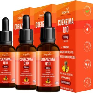 Coenzima Q10 200mg com Vitamina E e Óleo TCM, Sabor Frutas Amarelas, Zero Açúcares, Kit 3x 30ml Bigens.