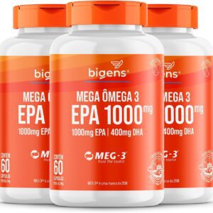 717MBspSFQL._AC_SL1380_.jpg Mega Omega 3, EPA 1000mg + DHA 400mg, Certificado Meg-3, 60 cápsulas, Bigens (Kit 3, Sem Vitamina E)