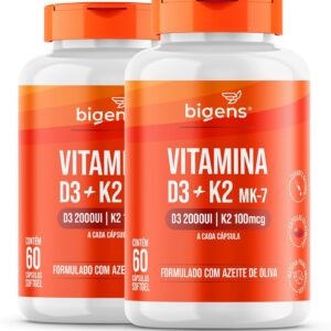 Vitamina D3 2000UI + K2 MK-7 100mcg, Formulado com azeite de oliva, Biogens, Kit 2x 60 cápsulas-radardasaude