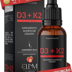 Vitamina D3 K2 em Gotas Sublingual 30mL ELLYM NUTRITION 2000 UI D3 + 120 mcg K2 Mk7 Sabor Morango Fortaleciomento Ósseo e Muscular
