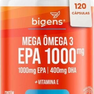 71zbee-U7lL._AC_SL1500_.jpg Mega Omega 3, EPA 1000mg - DHA 400mg, com vitamina E, Certificado Meg-3, 120 cápsulas, Bigens-radardasaude