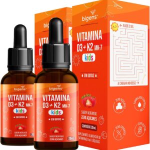 Vitamina D3 + K2 MK-7 Kids, em Gotas, D3 2000UI | K2 100mcg, sabor morango, Biogens, Kit 2x 20ml-radardasaude