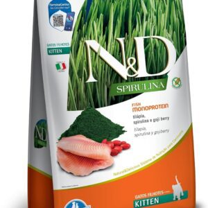 71UgdYfSC3L._AC_SL1500_.jpg N&D Spirulina para Gatos Filhotes de Todas as Raças Sabor Tilápia, Spirulina e Goji Berry 1,5Kg-radardasaude