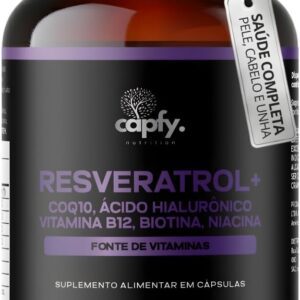 Trans Resveratrol Plus 165mg + Coenzima Q10 + Ácido Hialurônico + Biotina + Vitamina B12 + Niacina + Zinco 60 Cápsulas Premium Capfy Nutrition Suplemento Antienvelhecimento para Saúde da Pele Cabelo Unha
