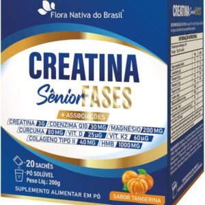 61quaUJDxXL._AC_SL1000_.jpg Creatina Sênior Fases (Colágeno Tipo 2, Vit D3+K2, Magnésio, Q10, HMB e Cúrcuma) 20 sachês - Flora Nativa (200g, Tangerina)