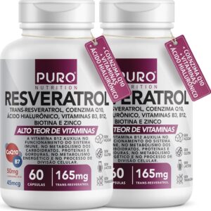 Kit 2 Resveratrol Trans 165 mg Puro Nutrition + Coenzima Q10, Ácido Hialurônico