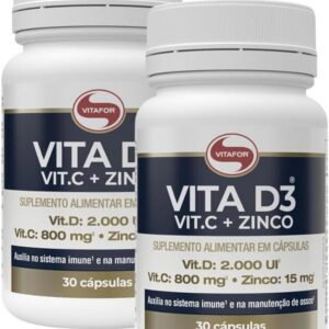 51SLKz19lEL._AC_SL1200_.jpg Kit 2X: Vitamina D3 + C + Zinco 1g Vitafor 30 Cápsulas-radardasaude