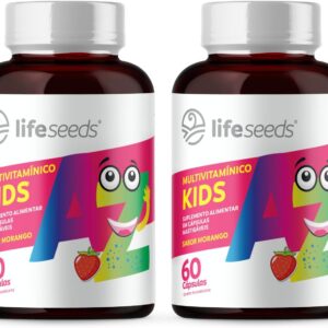 Multivitamínico AZ Kids - Vitaminas A, D, E, K, C, B1, B2, B3, B5, B6, B7, B9, B12, Cálcio, Cromo, Ferro, Magnésio, Selênio e Zinco - Sabor Morango – 2 Potes - 120 Cápsulas Mastigáveis-radardasaude