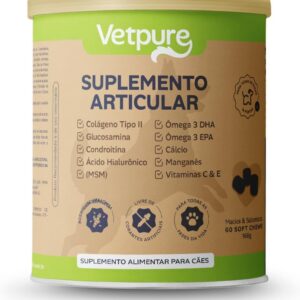 Suplemento Articular para Cães, Colágeno Tipo II, Glucosamina, Condroitina, Ácido Hialurônico, Ômega 3, Vitaminas C e E, 60 Tabletes Mastigáveis