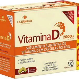 Vitamina D3 2.000ui (Leve 90 Pague 60 Cápsulas) - Auxilia na absorção de cálcio, na formação de ossos e dentes, age no sistema muscular