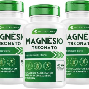 3 Potes Magnesio Treonato 500Mg Máxima Concentração 180Cáps - (3 Meses de Uso) Ecomev