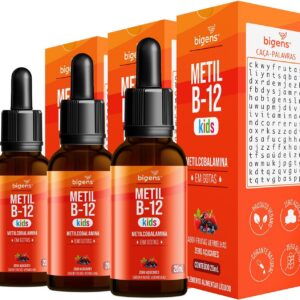 71Nb-Ij6P9L._AC_SL1400_.jpg Metil B-12 Kids, Metilcobalamina em Gotas, Sabor Frutas Vermelhas, Zero Açúcares, Unidade 20ml, Bigens (Kit 3)-radardasaude