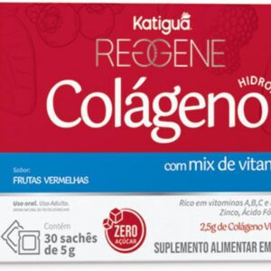 512sbR5WYXL._AC_SL1200_.jpg Katiguá, Colágeno Hidrolisado 2,5 g, Solúvel Verisol, Com vitamina A, B, C e D, Biotina, Zinco, Ácido Fólico e Q10, Sabor frutas vermelhas, Zero açúcar, 30 Sachês, 5g-radardasaude