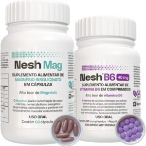 61qQaWNowL._AC_SL1000_.jpg Nesh Mag + Nesh B6 | Bisglicinato de Magnésio - 60 Cápsulas Softgel - Suplemento com Alto Teor de Magnésio + Vitamina B6 - Suplemento de Piridoxina - 90 Comprimidos-radardasaude