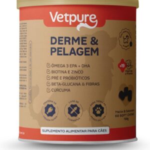 61wWJeVLSL._AC_SL1500_.jpg Derme e Pelagem, Suplemento Alimentar para Cães, Ômega 3 EPA + DHA, Biotina e Zinco, Pré e Probióticos, Beta-Glucana e Fibras, Cúrcuma, 60 Tabletes Mastigáveis