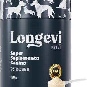 717YkQOz1xL._AC_SL1500_.jpg Longevi Suplemento Canino em Pó | Fórmula Completa para Imunidade, Pelos e Energia | 150g | Desenvolvido por Veterinários – PETVI