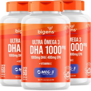 81IYFFL1R0L._AC_SL1500_.jpg Ultra Omega 3, DHA 1000MG + EPA 400MG, Certificado Meg-3, 60 Cápsulas, Bigens (Kit 3, Com Vitamina E)