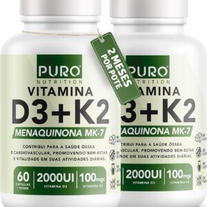 Kit 2 Vitamina D3 + K2 Puro Nutrition 2000 iu D3 com 100mcg de Vitamina K2 MK-7, 60 Cápsulas