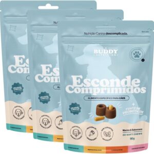619rebyBkcL._AC_SL1000_.jpg Kit 3x Esconde Comprimidos - Buddy Nutrition, Petisco Macio com Probióticos para Cães, Proteína Suína, Vitamina E, Óleo de Coco-radardasaude
