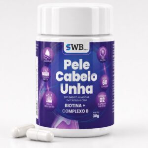 61djjvtPZeL._AC_SL1254_.jpg Biotina + Complexo B para Pele, Cabelo e Unhas, 45 mcg de Biotina, com 7 Tipos de Vitamina B, 60 Cápsulas, Suplemento Alimentar Sem Glúten - SWB WORLD