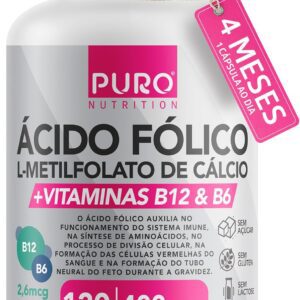 71g9t1bd3LL._AC_SL1500_.jpg L-Metilfolato Ácido Fólico Puro Nutrition, 400 mcg de Ácido Fólico, Vitaminas B12 e B6, 120 Cápsulas-radardasaude