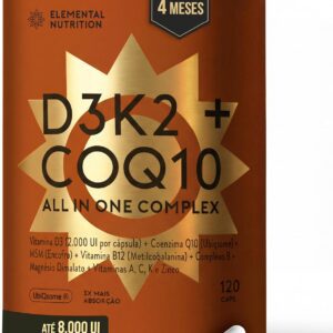 D3K2 + CoQ10 + Magnésio Quelato - 4 Meses de Duração - 120 Cápsulas - Vitamina D3 (2000 UI por casula), MSM, B12 (metilcobalamina), Complexo B, Vit A, C e Zinco - Elemental Nutrition.-radardasaude