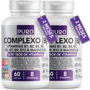 818OqZiJHKL._AC_SL1500_.jpg Kit 2 Complexo B Puro Nutrition – Vitaminas B1, B2, B3, B5, B6, B9, B12 e Magnésio, 60 Cápsulas por Pote-radardasaude