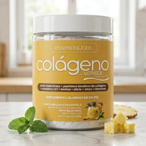81zBh9l54qL._AC_SL1500_.jpg COLÁGENO VERISOL® - Fórmula Exclusiva com Ácido Hialurônico + Coenzima Q10 + Biotina + Silício + Zinco + Peptídeos Bioativos + Vitaminas - Sabor Abacaxi com Hortelã - 30 doses-radardasaude