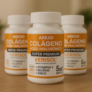 61XGqnN9eQL._AC_SL1024_.jpg Colágeno Verisol® com Ácido Hialurônico 500mg – Arkad Super Premium 5 em 1 – Vitamina C, Zinco, Selênio – Pele, Cabelos, Unhas – Antirrugas e Firmeza – 180 cápsulas-radardasaude