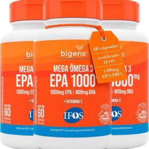 Mega Omega 3, EPA 1000mg + DHA 400mg, Certificado IFOS, 60 cápsulas, Bigens (Kit 3, Com Vitamina E)