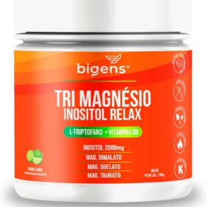 71voDm25TCL._AC_SL1500_.jpg Bigens Tri Magnésio (Dimalato, Quelato, Taurato) Inositol 2000mg Relax com Triptofano e Vitamina B6, 180g, Sabor Limão, 30 Porções